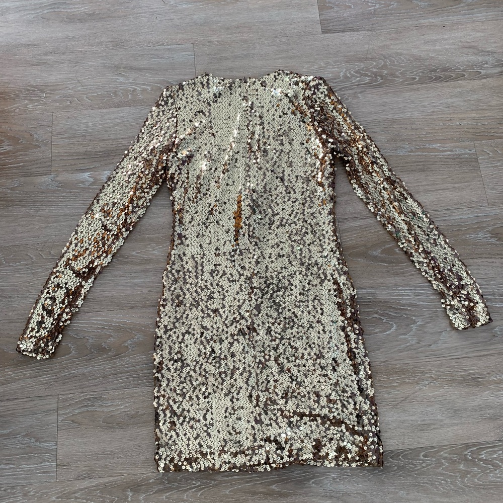French Connection Gold Sequin Long Sleeve Midi Dress Size 6 - Picture 2 of 5